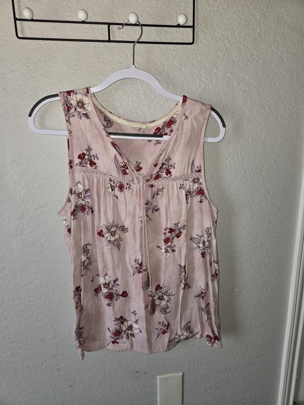 Blush Pink Floral Boho Tassel Tie Sleeveless Blouse Size L